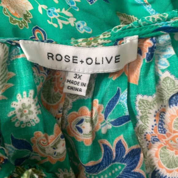 Rose + Olive Women's Blouse Plus 3X Floral Boho Tunic Short Sleeve 100% Rayon - Picture 3 of 9